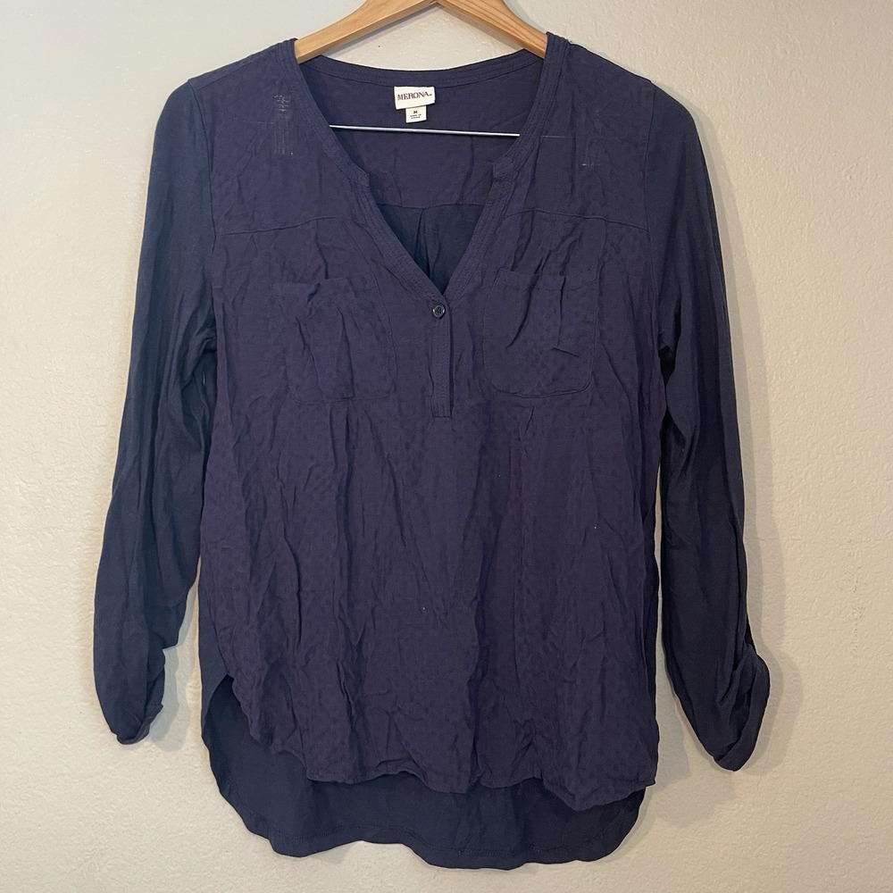 Merona Women's Medium Navy Blue Shirt Roll Tab Rayon Casual Work Lightweight